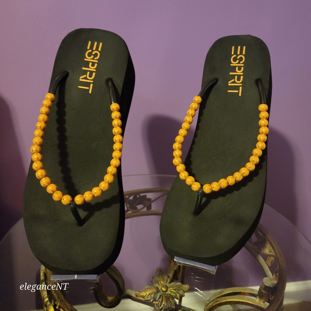 ESPIRIT Vintage Y2K  Beach Tai Chi Beaded Platform Flip Flops Sz: L (9-10) - Picture 4 of 8